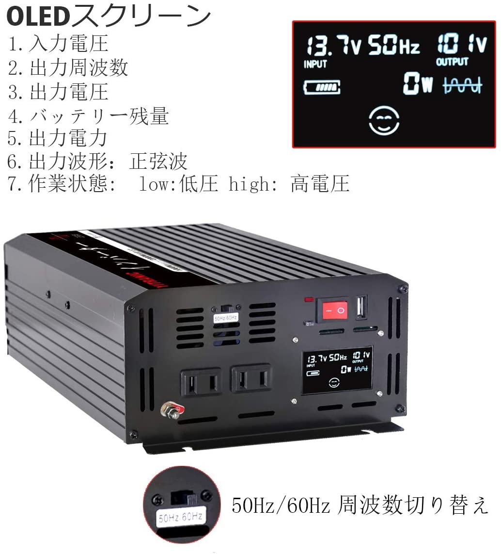 インバーター 12V 正弦波 1500W 瞬間最大 3000W DC 12V - AC 100V 変換 ...