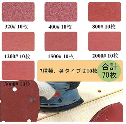 70枚 #320 - #3000 サンドペーパー 三角形 5穴あき サンディングディスク サンダー用紙 7粒度（320/400/800/1200/1500/2000/3000 各10枚）塗装面の研磨、金属表面の錆取り 研磨、木工用 研磨 紙やすり (7粒度 合計70枚 #320-#3000 赤色)#93527