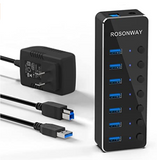 USB ハブ 3.0 電源付き 7ポートUSB HUB アルミ製 5Gbps高速転送 セルフパワー USB3.0 ハブ 独立スイッチ付 5V/2A ACアダプタ付き#86034