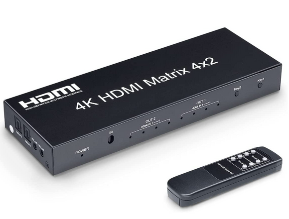 ELEVIEW 4K HDMI マトリックス セレクター 4入力 2出力 音声分離（光デジタル・3.5mmステレオ音声出力）4x2 切替器 分配器 PS4・Nintendo Switch・Fire TV・ブルーレイレコーダーなどに適用 手動切り替え リモコン付き EHD-076Y#16906