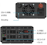 正弦波 インバーター 12V 1200W 最大 2400W DC 12V - AC 100V 50Hz 60Hz 調整可能 リモコン(5m) (波形歪み THD＜3%) 正弦波インバーター 純正弦波 防災用品#36800