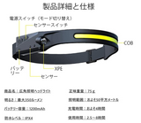 ヘッドライト ヘッドランプ USB充電式 防水 センサー 5種点灯モード　270°広角照明　高輝き度　ヘッドトーチライト ヘッドライト キャップライト 45m照明距離 長時間照明 実用点灯2.5-8時間　SOS点滅 集光・散光切替　超軽量 最大8時間使用可能　いいフィット感　耐落下性　耐衝撃性　作業　夜間釣り キャンプ サイクリング アドベンチャー ハイキング　散歩 自動車修理　登山 作業灯 防災/停電に最適　照明#79087