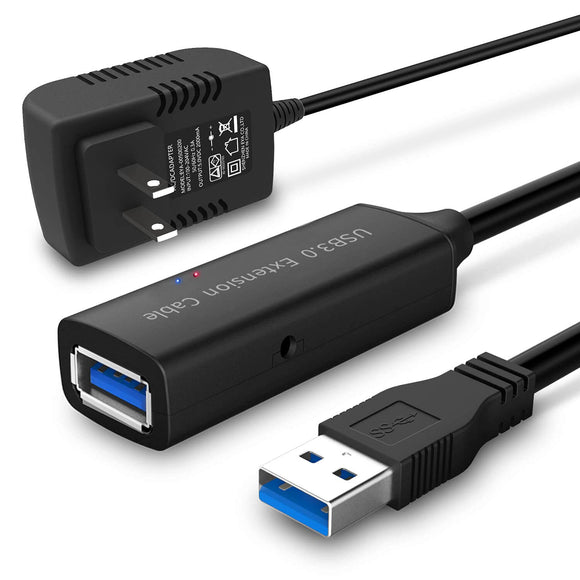 延長 10M USB3.0 延長ケーブル 2個信号強化チップ内蔵 5V/2A ACアダプター付き 5Gbps高速データ転送 タイプAオス-タイプAメス USBケーブル 延長 Oculus VR、Xbox、マウス、キーボード、USBハブ、プリンター、USBディスク に対応#83951