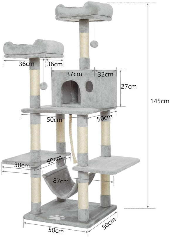 キャットタワー 猫タワー 多頭飼い 据え置き 大きいハンモック付き 大型猫 高耐久性 転倒防止 安定性 太め柱 巨大猫ハウス おもちゃ 爪とぎ 145cm(グレー)#57512