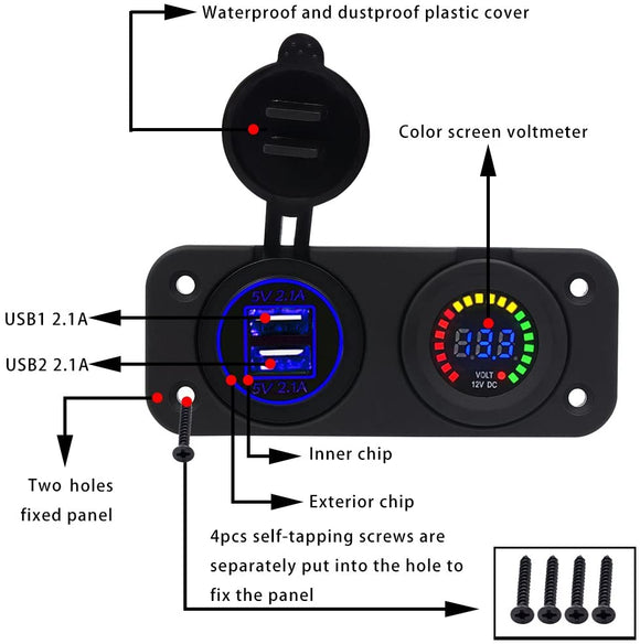 2 IN 1 カーチャージャーUSB電源ソケット LED電圧計付き 車/バイク用充電器 車用増設ソケット 電圧表示 12V - 24V汎用#82397