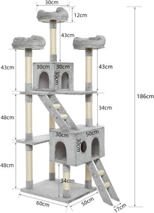 キャットタワー 猫タワー 多頭飼い 据え置き 186cm大型猫タワー 麻紐 高台３つ、隠れ家4つ付き 爪とぎ おしゃれ#57509