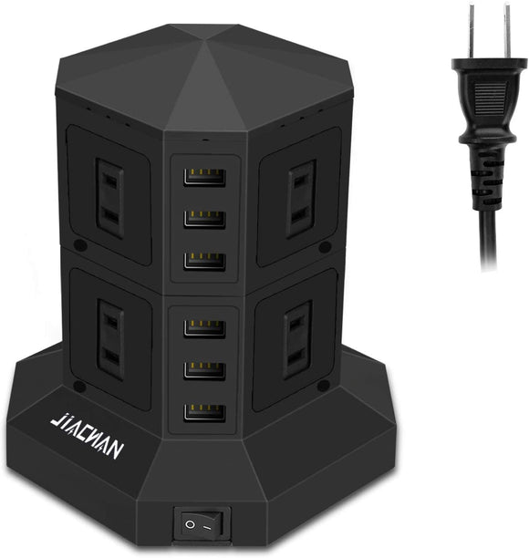 電源タップタワー式 6個USB 8個コンセント 約 3ｍ 急速充電 雷ガード 過負荷保護 ブラック#	63741