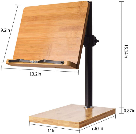 高さ調節可能な大型サイズ、wishaccバンブーアップライトブックスタンド、キッチン、オフィスや学校でハンズフリーの読書用ページクリップ付き(33.5cm x 23.3cm)#87430