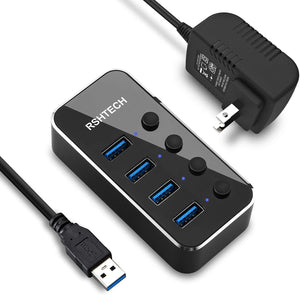 アルミ製 4ポート USB 3.0 Hub セルフパワー データ ハブ 5V 2A 電源付き 独立スイッチ付き#83954