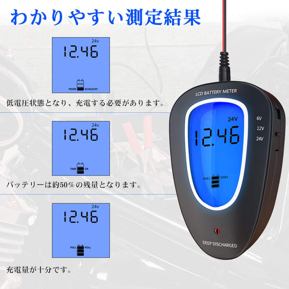 バッテリーチェッカー バッテリーテスト バッテリー診断器 電圧測定 6V/12V/24V用 簡易型 ミニタイプ#54213