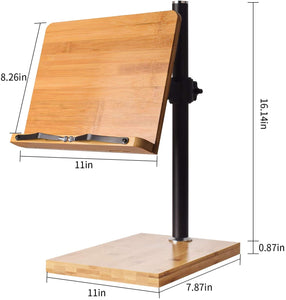 ブックスタンドの高さ調節可能-ハンズフリー読書用wishacc直立竹ブックスタンド＆ホルダー、デスクトップ調節可能な読書高さと角度ページクリップ付きブックレスト（27.9cm x 20.5cm）#86798