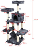 キャットタワー 猫タワー 多頭飼い 据え置き 大きいハンモック付き 大型猫 高耐久性 転倒防止 安定性 太め柱 巨大猫ハウス おもちゃ 爪とぎ 145cm (ダークグレー)#57510
