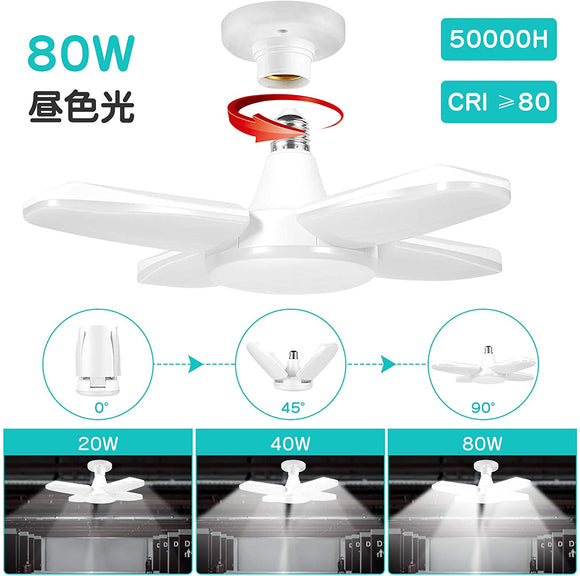 LEDライト ガレージライト 2個 屋内 80W 6000lm LED電球 6500K 天井照明 超高輝度 照明 取付簡単 工事不要 角度調節可能 カーポート 車庫 倉庫 納戸 作業灯 昼光色#77111