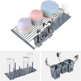 水切りラック 折りたたみ 多機能 伸縮タイプ 水切りバスケット シンクに合わせて調節可能 耐熱 抗菌 速乾 省スペース 水切りグラススタンド ペットボトルスタンド 箸立て付 折り畳みドレンラック 錆びない くるくる丸めて収納 スッキリ 水切りかご 省スペース 大容量 シリコン素材#86297