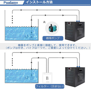 パイプ付き 循環ポンプ付き 日本語取り扱い説明書付き 品質保証一年 デジタル表示 恒温 低ノイズ 省エネルギー 海鮮市場/お釣り場/寿司屋/水耕栽培/家庭用/水族館/魚屋/養魚場/ホテル 110V#80001