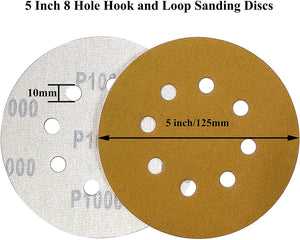 56枚 外径125mm 丸型 8穴あき サンドペーパー サンディングディスク サンダー用紙 #240 - #1000 (240/320/400/500/600/800/1000 7粒度 各8枚) 金属表面の錆取り 研磨、木工用 研磨 紙やすり (7粒度 合計56枚 #240-#1000 黄色)#86200