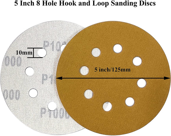 56枚 外径125mm 丸型 8穴あき サンドペーパー サンディングディスク サンダー用紙 #240 - #1000 (240/320/400/500/600/800/1000 7粒度 各8枚) 金属表面の錆取り 研磨、木工用 研磨 紙やすり (7粒度 合計56枚 #240-#1000 黄色)#86200